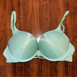 Victoria’s Secret Bombshell Plunge Bra 36B Mint Green Rhinestone Push Up Sexy